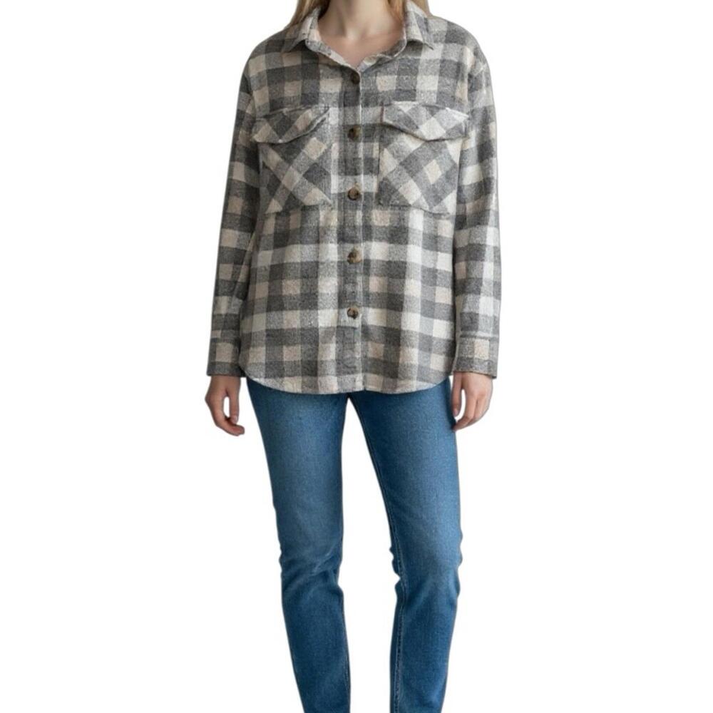 Beachlunchlounge Plaid Shacket Gray Cream Button Front Shirt Jacket Size S
